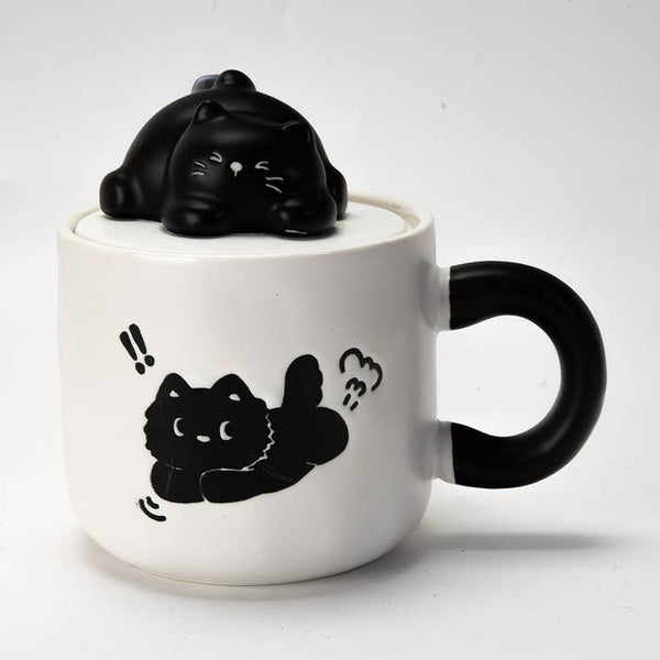 Black Cat Mug with Lid and Spoon