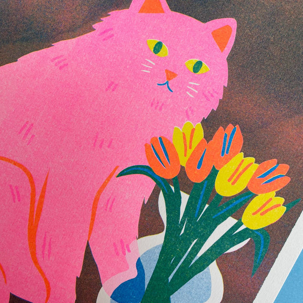 Cat with Flowers Riso Print