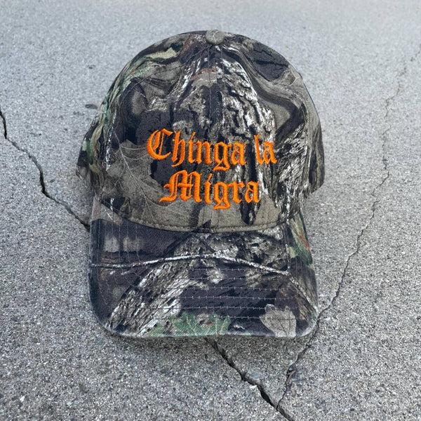 Camo Chinga La Migra Baseball Hat - Orange