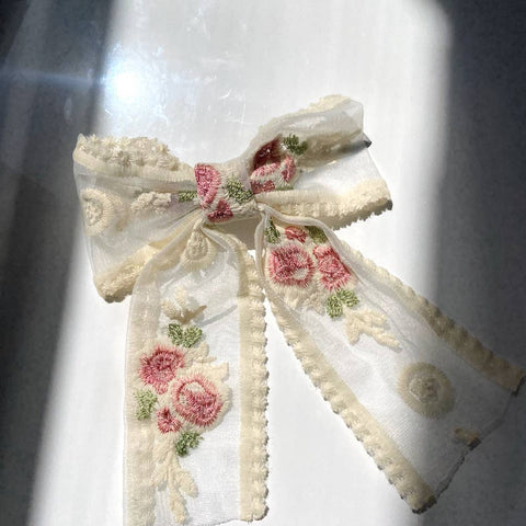 Embroidered Flower Chiffon Bow Hair Clip