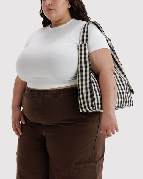 Nylon Shoulder Bag - Black and Cream Gingham