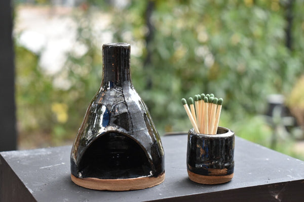 Incense Chiminea and Match Holder Set - Metallic Black