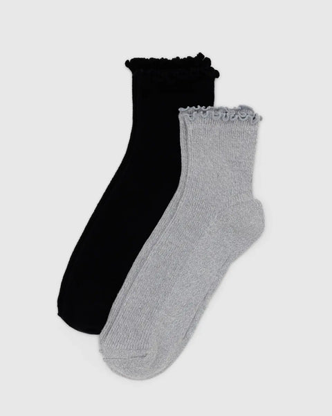 Lettuce Edge Sock Set of 2 - Heather Grey & Black