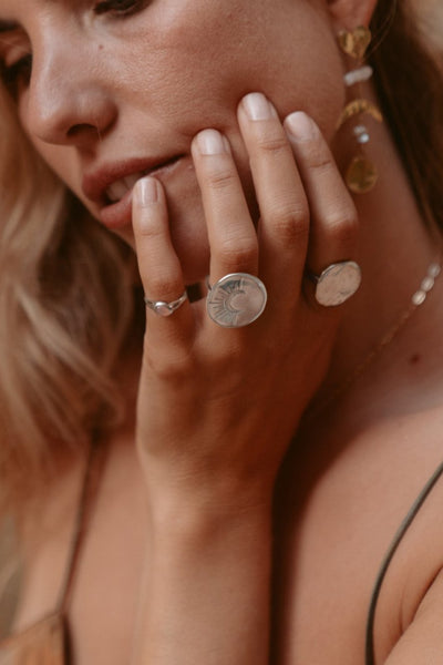 Yin Pinky Ring - Sterling Silver + Peach Moonstone